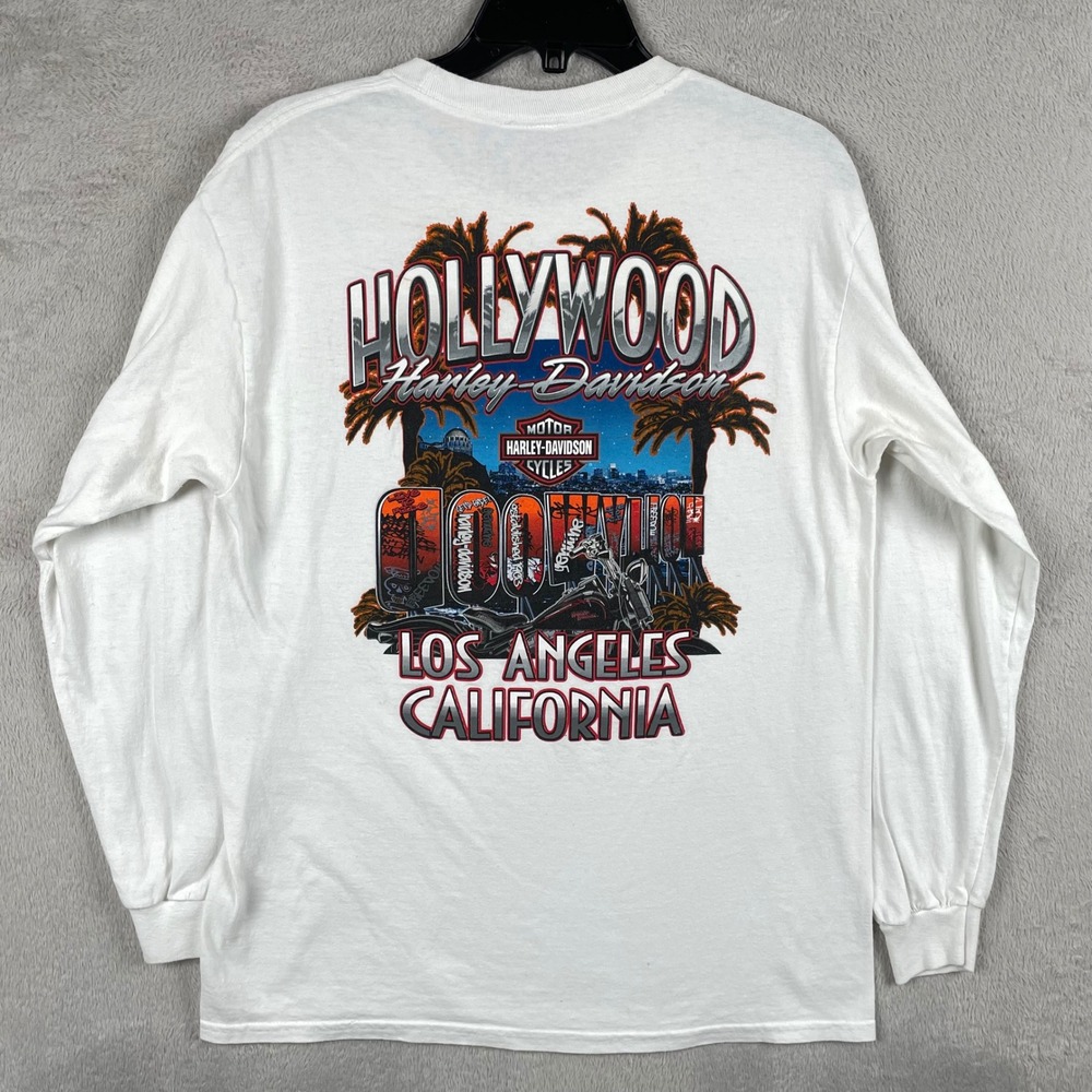 Harley Davidson Shirt Mens Medium White Hollywood Graphic Tee Long Sleeve